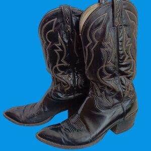 9D Men's Vintage Cowboy Boots 70's Black Leather Western Black Dan Post